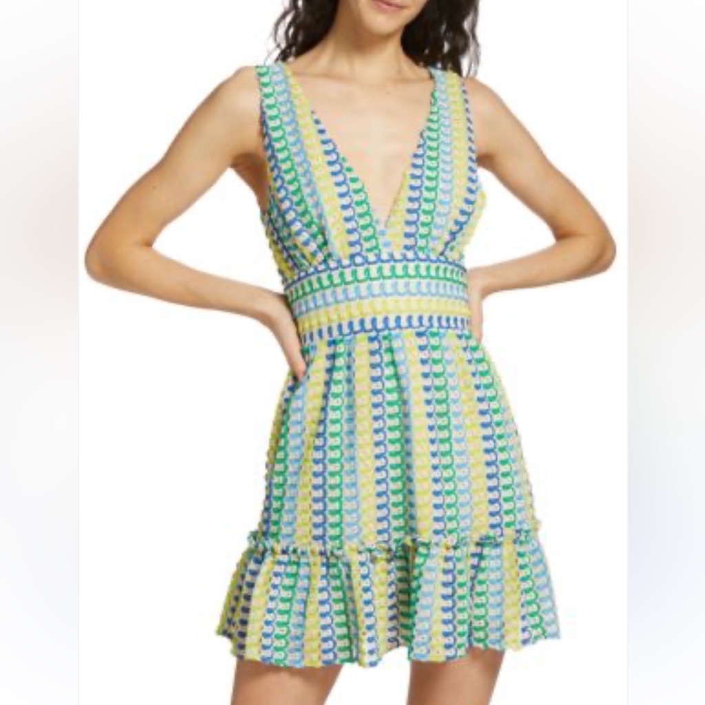 Ramy Brook Foley Print Blue And Yellow Crochet Patterned Mini Dress Size M